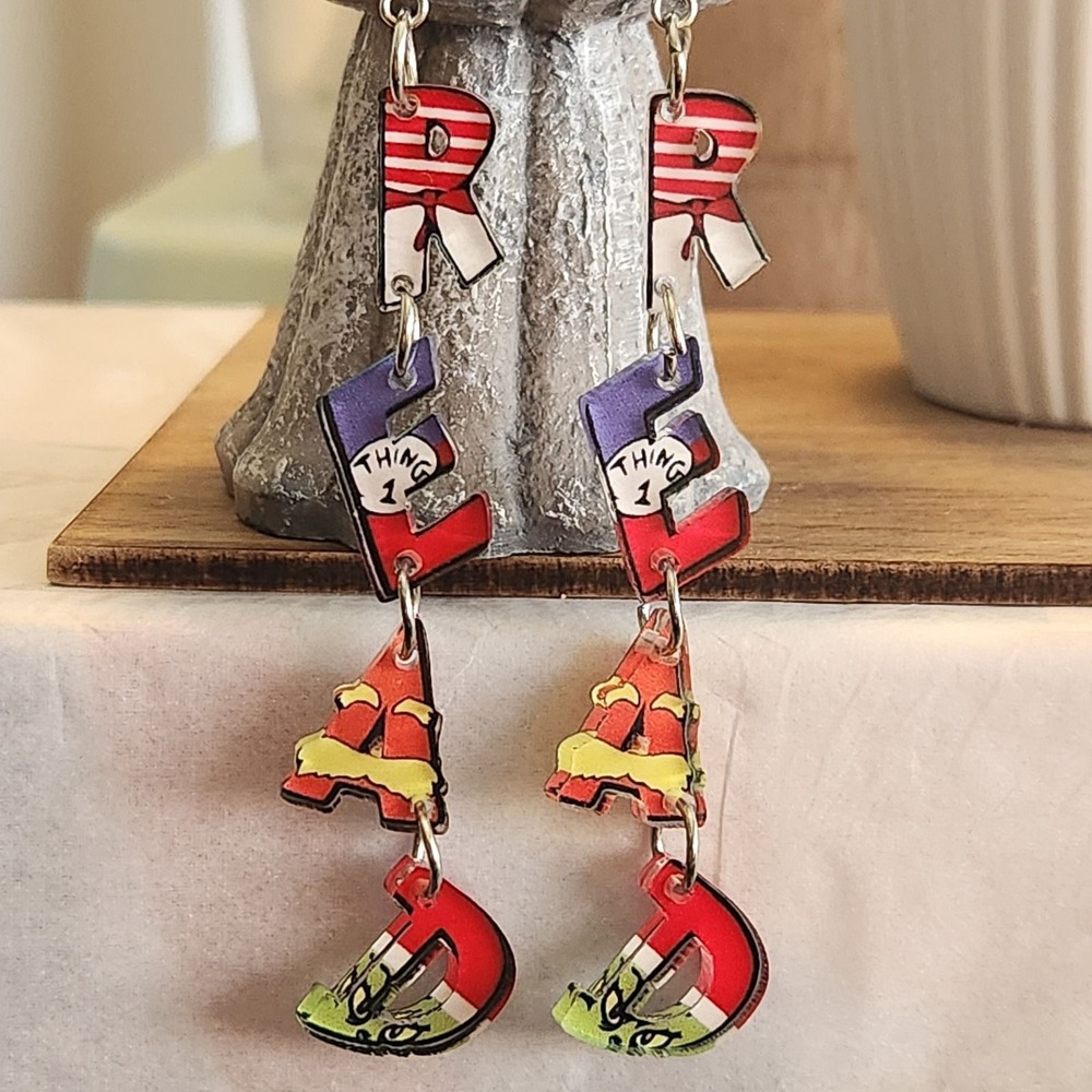 Dr Seuss READ Dangle Earrings Teacher Librarian Bookish Multi Color Acrylic